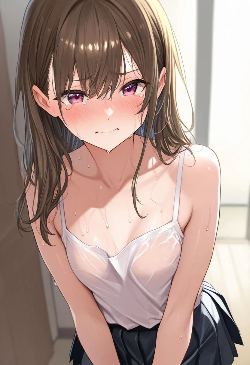 1 girl, alone, colorful, Realistic Skin, Medium chest、charming eyes, (18-year-old:1.2), student, beautiful, cute, (perfect body:1.2), (realistic anatomy:1.2), japanese idol, (K-POPアイドル:1.2), realistic pictures, Raw photo, 4k, Fujiflim, film grain, (cinematic lighting:1.4), Ray Tracing, (perfect Pause:1.2), hyper detail, finely, intricate details, Dolby Vision, Pause,(((Very white skin、It has a white-like transparency、Wearing a small tank top、biologically correct Pause、Casual Pause that reveals panties、Place your hands on the floor behind your back、Wear plain white cotton side-string thongs with no embellishments,Focused gaze、areola is a beautiful pink color、nipples are very small、sitting cross-legged、Medium breast、))),High leg panties,pubic hair,put your panties aside,(((下着の薄い素材をfinely描写、Detailed depiction of wrinkles in underwear、Detailed depiction of the pubic bulge、Detailed beautiful eye description)))、