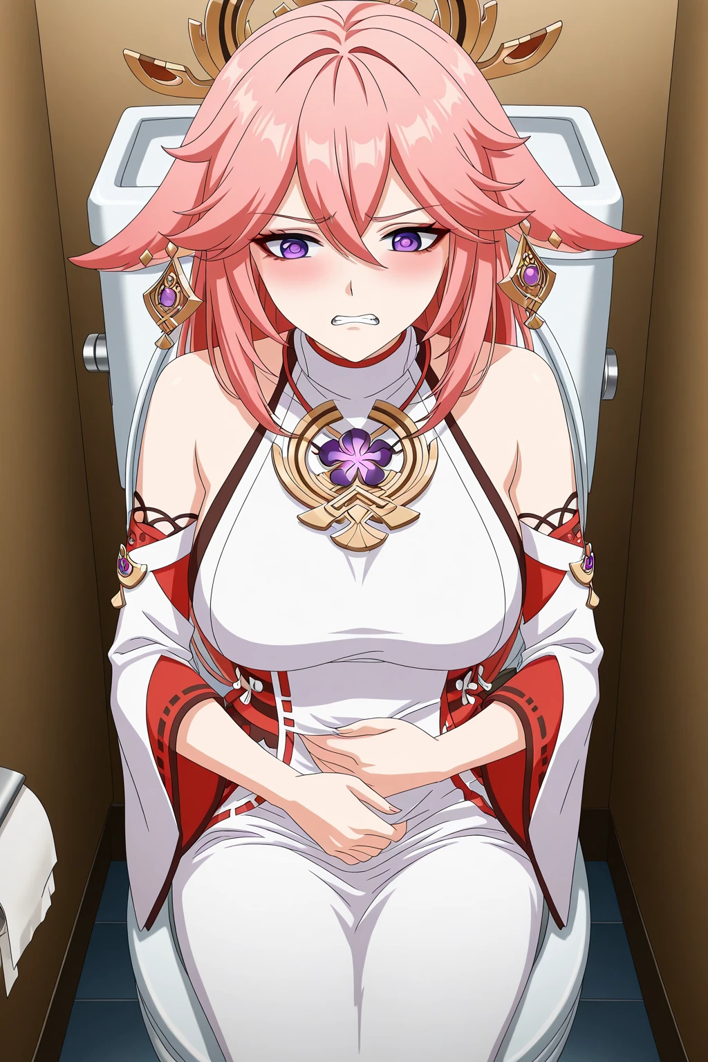 Maki nishikino,love live, highres, shiny red hair ,pov,purple eyes,blush , fellatio, all fours, botto-up_top-down, bare shoulders dress, breasts apart,thighs , looking at viewer, (sagging breasts:0.7) ,tiara, Egypt queen ,pov penis, Cleopatra, penis soaked by cum