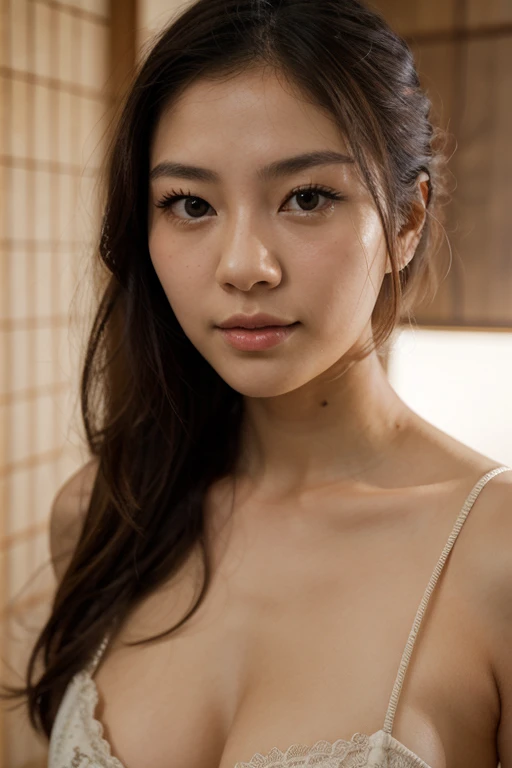 Create a realistic image of a beautiful woman with a slightly Asian appearance. She has clear, radiant skin, expressive eyes, and soft facial features. Her hair is dark and styled in a natural, elegant way. The overall look should be graceful and captivating, reflecting both Asian and Western influences in her features.