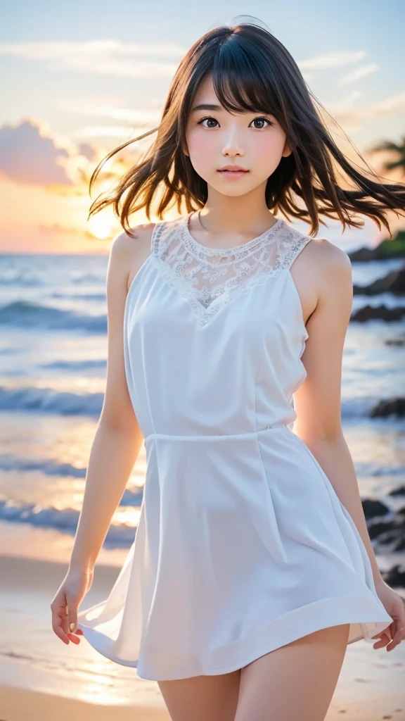 (masterpiece, Highest quality:1.3), (Super detailed:1.2),beautiful girl, young woman, Straight, shoulder-length, dark brown hair, Light bangs, フレンドリーでnatureな笑顔, Clear, glowing skin, Almond-shaped eyes, Expressive, White blouse, Abstract black pattern, The background is soft pink, Soft lighting, natureでリアルな見た目,whole body,From the bottom of the camera angle,mini skirt,Beach, Palm Tree, blue sky, White cloud, Ocean, Sandy Beach, Refreshing feeling, sunlight, tropical, nature, 風に揺れるPalm Tree,Spread your legs,Panties are white,Embarrassed face,Wet Hair