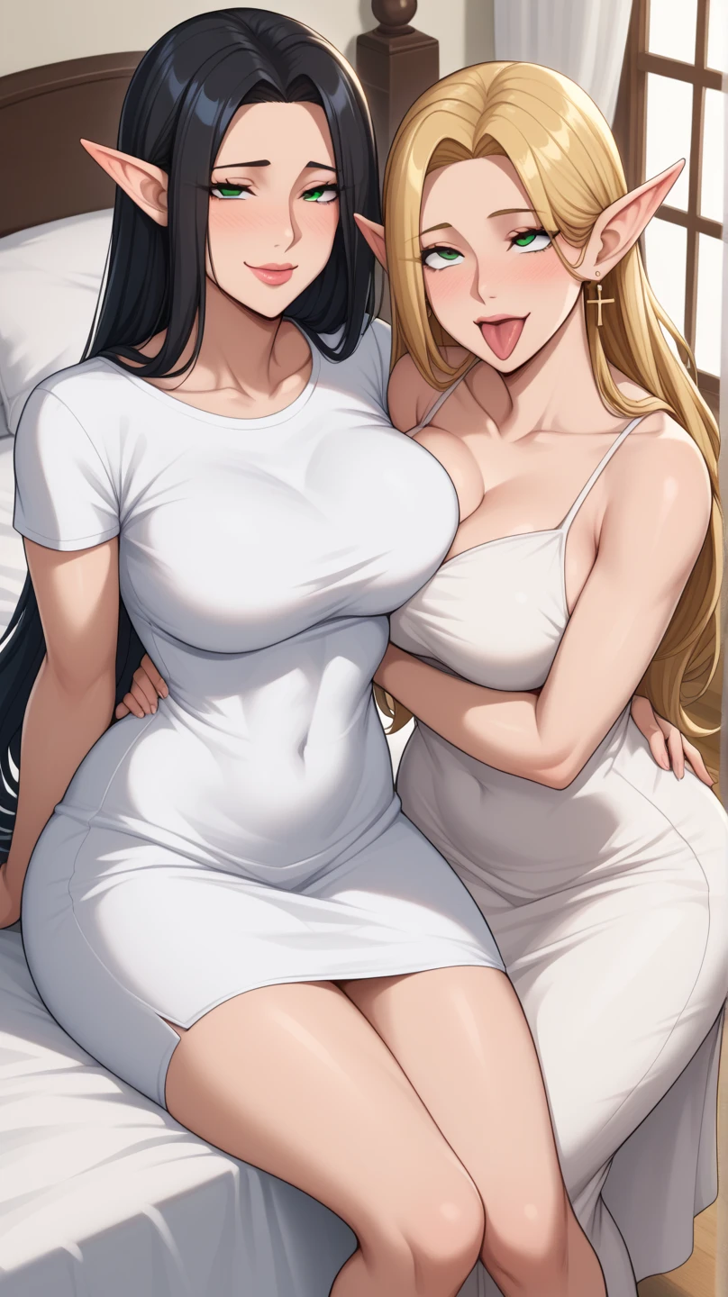 (nsfw),masterpiece,ultra detailed,sharp focus,high resolution,plump and mature female,2females,seductive anime female,females lying on bed, ,(halterneck dress),,(look at viewer),huge breasts,(breast grab,breast milk:1.3),black hair,luxury home,(grinning:1.2),beautiful,