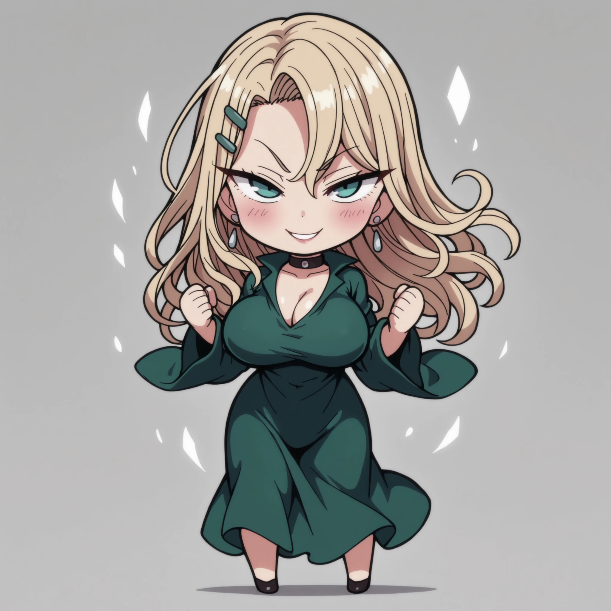 Kurashiki Reika, high quality, masterpiece, Very detailed, high quality, high resolution, A girl, solo, blonde hair, blue eyes, beautiful, beautiful and perfect face, Lustful smile, (Fubuki outfit) ,Green Long Dress , collar、long sleeve、long skirt ( One Punch Man outfit), wide sleeves,hair clip, cleavage visible, Big Breasts, Chibi style, full body, sexy, blush, Chibi character, standing, Chibi, wind, happy