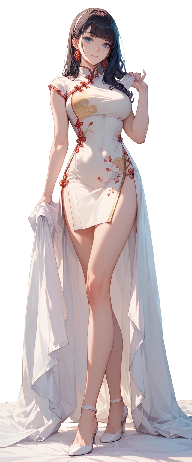 Best quality, masterpiece, super high resolution, 1girl, white hair, off-the-shoulder, translucent hanfu, silk material, silk luster, low-key, cold light, (low cut, big breasts, 36d, big breasts, sexy, buttocks, hot, big breasts, cleavage, big tits), detailed, aesthetic, peach blossom