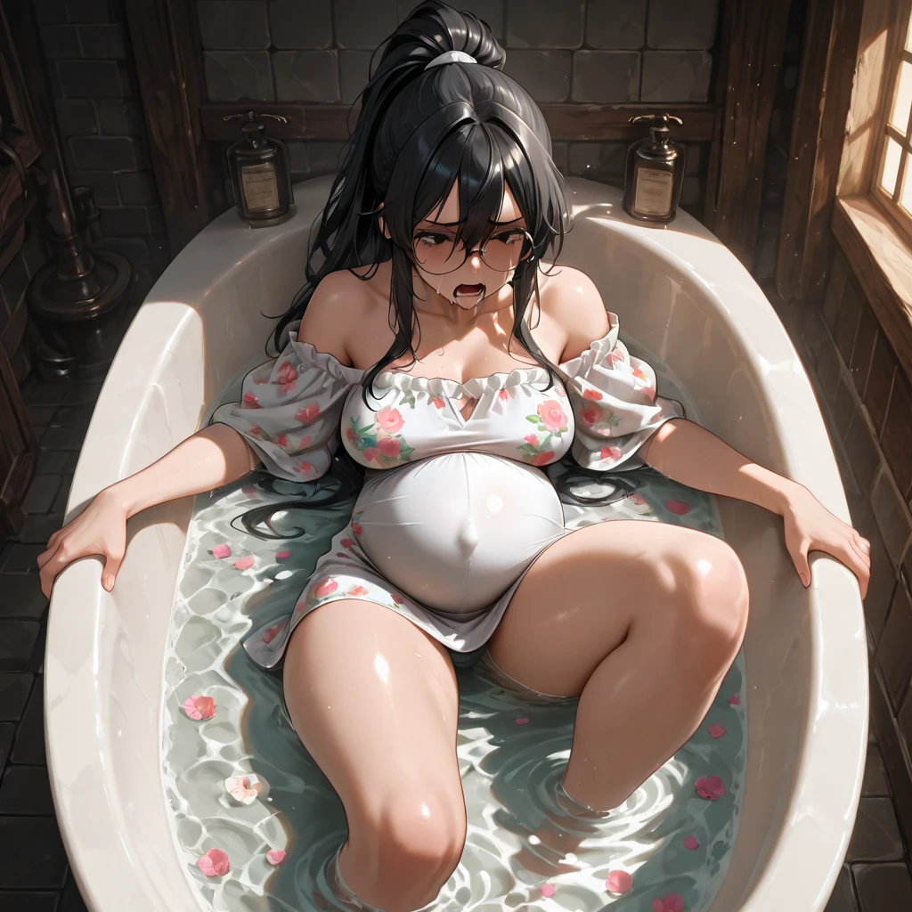 (best quality), (Best details), Albedo, slave, leash, , collar, gray torn t-shirt, beautiful, barefoot, staying in underwear, sobbing, sadness, pregnant, visible belly buttoegging for money, humiliated, no makeup, dirty body, ashamed, staying on 4 paws, looking at viewer, standing next to a dumpster, mud on her skin, sitting down, dirty face, enslaved, face almost full of mud, legs tied with a rope, walking in 4 paws
