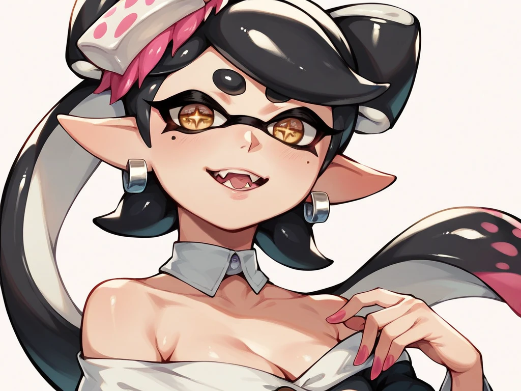 ((masterpiece、highest quality、Very detailed))、Real Anime、Splatoon Girl、Black tentacle hair、short hair、Twin-tailed tentacle hair、Golden Eyes、Wicked Smile、((Grin))、rouge、blush、gigantic breast、Cleavage、((Black ruffled clothes))、Off the shoulder、Strapless、((Black leather jacket))、((Red Edge Skirt))、Cowboy Shot、Nightclub Background