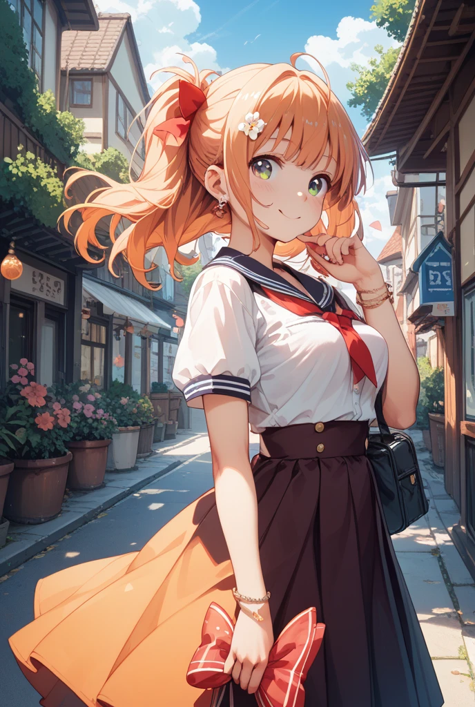 masterpiece, best quality,
1girl, summer , plaid skirt, orange hair, ponytail, smile, from front,
wet body, classroom,