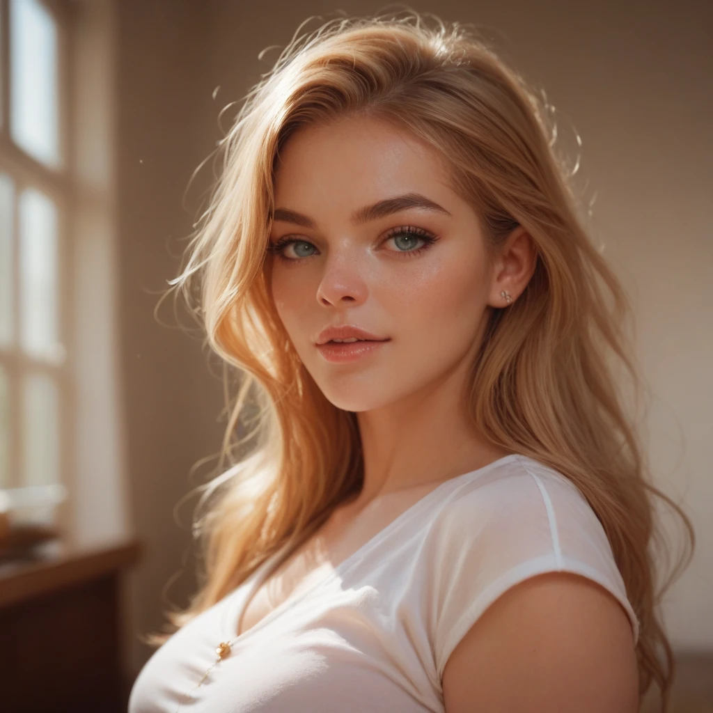 ((((photorealistic)))), Photo of the world's most beautiful and drop dead gorgeous girl of all time, (sexy pose), (seductive facial expression), photorealistic, hyperrealism, ultra sharp, ultra focused, masterpiece, best quality, highres, UHD, depth of field, 4k, RTX, HDR, long flowing curly golden hairstyles, bedroom eyes expressing alluring desires, cinematic camera effects, razor-sharp camera focus, dramatic lighting with soft shadows creating depth and texture.
