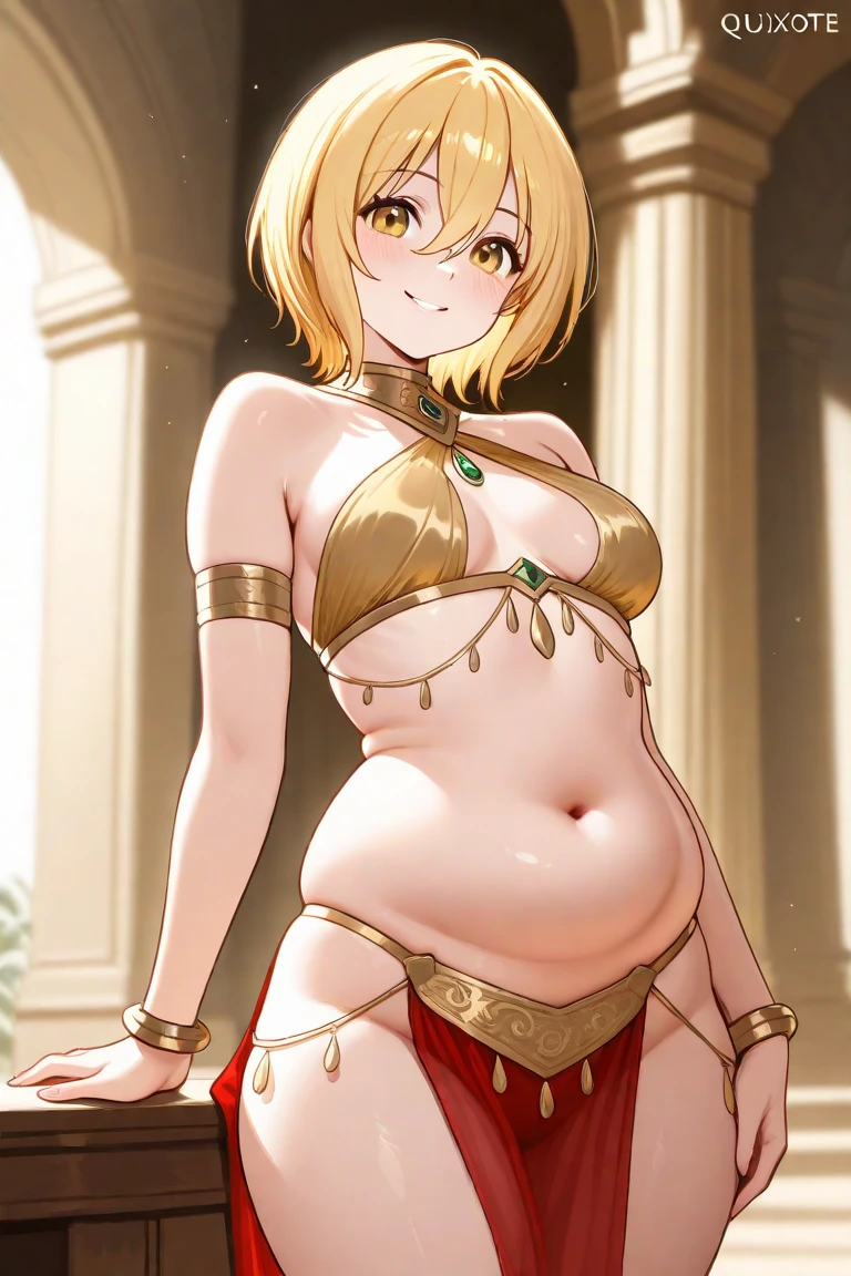 score_9, score_8_up, score_7_up, score_6_up, source_anime, BREAK by ikuchan kaoru, iku, clean color, flat color, sitting, indoors, presenting breasts, couch, muscular, extremely muscular, 1girl, bodybuilder, muscle girl,hellsing, seras, smug grin, holding laugh, blonde hair, break, ((arabian clothes)), belly dancer, face veil, veil