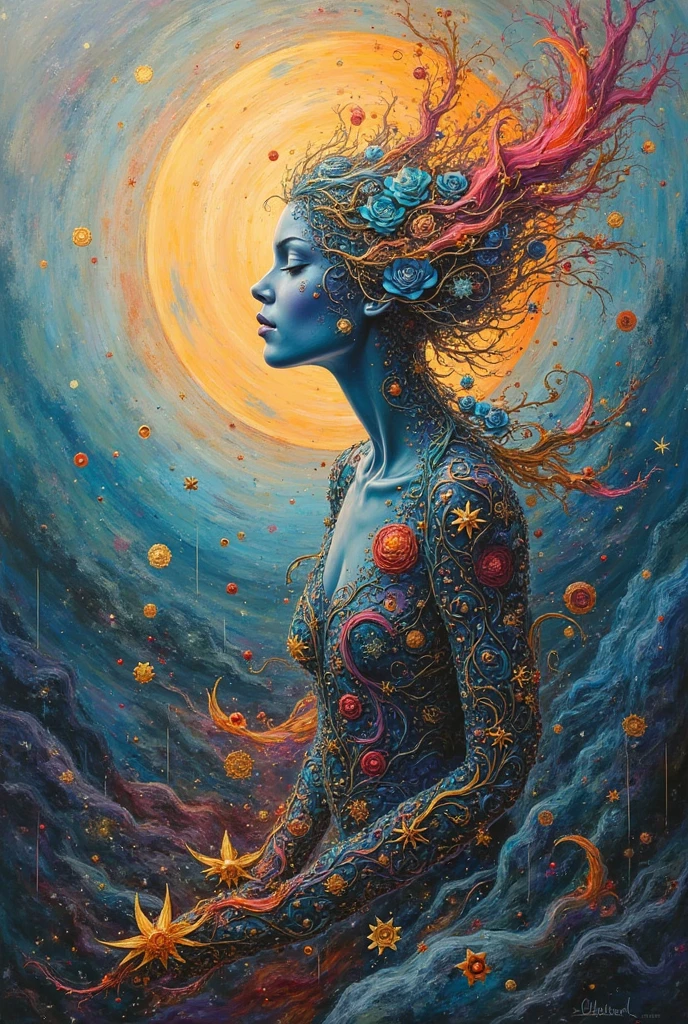 the goddess of lust, beautiful, sexy, hot spring gardens, stars, cosmos, fractal art, (art inspired by Bill Sienkiewicz). oil painting) (best quality,4k,8k,highres,masterpiece:1.2),ultra-detailed,(realistic,photorealistic,photo-realistic:1.37),intricate details,vivid colors,sharp focus,professional,Dave McKean artwork, oil touch of surrealism,oil painting style, fractal art