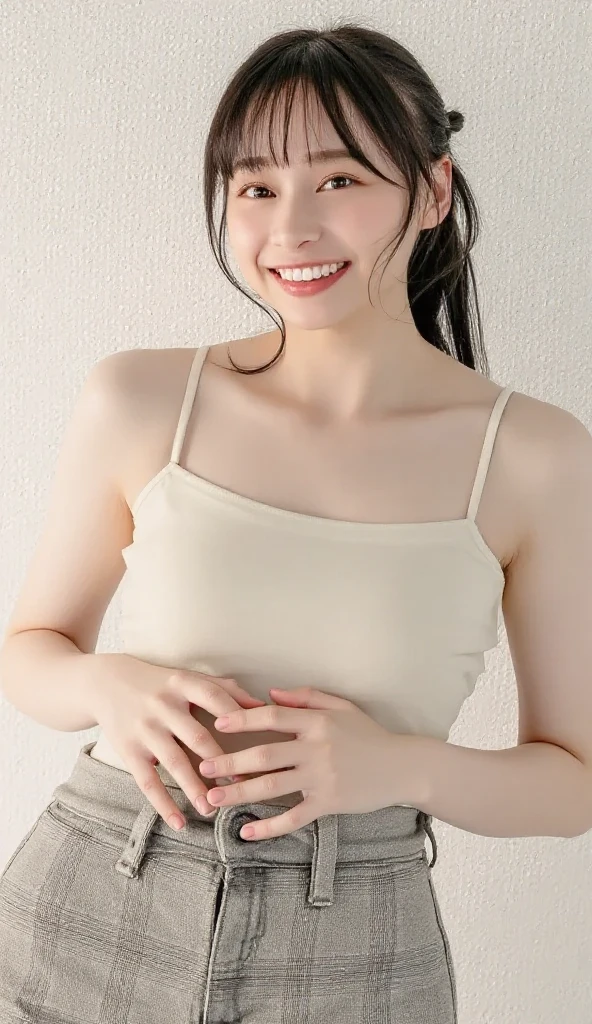 housewife, Age 45, height: 145cm, ((outdoor)), cute, clear, Big Breasts, (Big Breasts 1.6), Big Ass,, perfect body type, Beautifully styled hair, bra, green mini skirt, Medium Short, ((breasts:1.3))