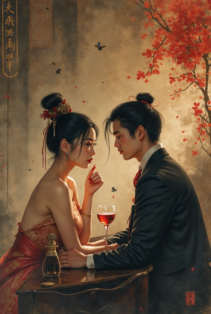 NSFW,sexy ertic, adult, A fairytale and romantic illustration brimming with romance, where love and deception are two sides of the same coin, divided into two halves using the technique of chiaroscuro to contrast a happy romance with dark deceit, featuring a Japanese woman deeply in love with an expression of bliss and adoration surrounded by soft colors and a glowing magical atmosphere on one side, and a Japanese man with a cunning smile and deceptive eyes in a shadowy sinister setting on the other, with the woman's side filled with flowers and light, the man's side filled with shadows and dark twisted shapes, in a realistic anime style with expressive faces and intricate details, including elements such as a magical castle in the background on the bright side and dark twisted trees on the dark side
