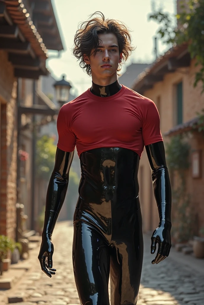 Full body image, 1Male, (masterpiece), full length image of a slender African-American male model, in red lycra mini very short bodysuit, with high leather boots, in front of a white glass diamond castle.