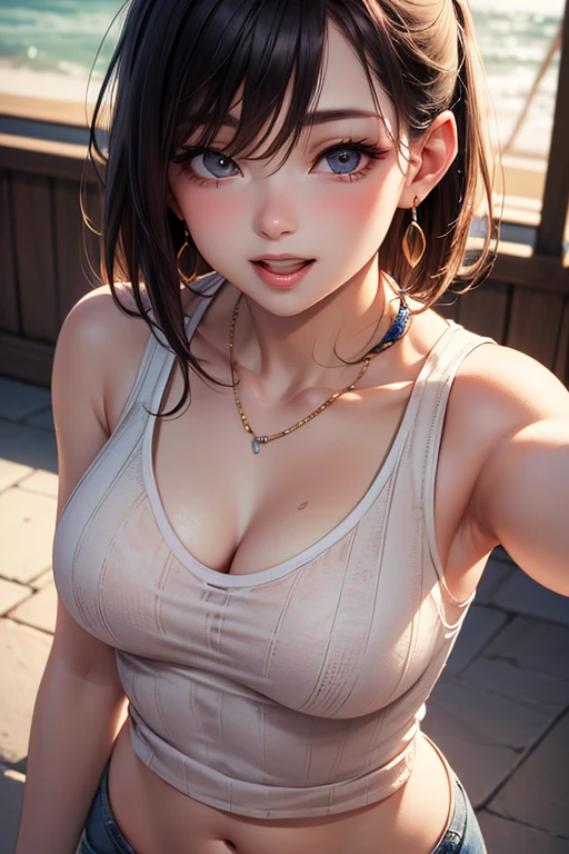 Light background、Japanese woman wearing a blue turtleneck sleeveless sweater、 (((Raise your arms above your head)))、(((masterpiece))), ((Highest quality)), ((Intricate details)), (((Ultra-Realistic)), irrational solution, The Law of Perspective, Very detailed, Realistic, 1 girl, ((Big Breasts)), Perfect hands, Finger details, Beautiful and beautiful eyes, short hair, Brown eyes,(turtleneck:1.2), Tight Skirt, Detailed Background, choker, Perfect Eyes, Captivating eyes, Looking at the audience, from the front、Laughter、Moles around the mouth、Knitted dress