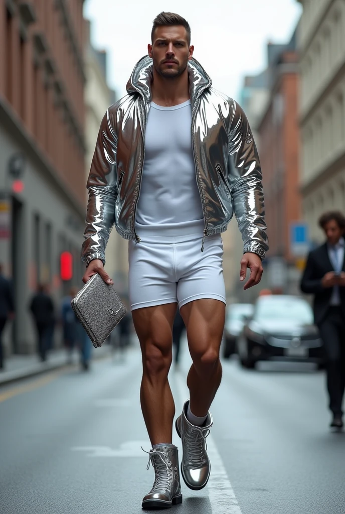 A man 42yo with atletic body walking on street, very shiny body, wearing white sportive short, 2d drawn style, large lips, Wide shoulders , too much  light particles , naughty smile, tight esportive uniform, Black wavy hair fade , bent side large bulge , muscular hairy chest, standed, staring at camera, long legs.