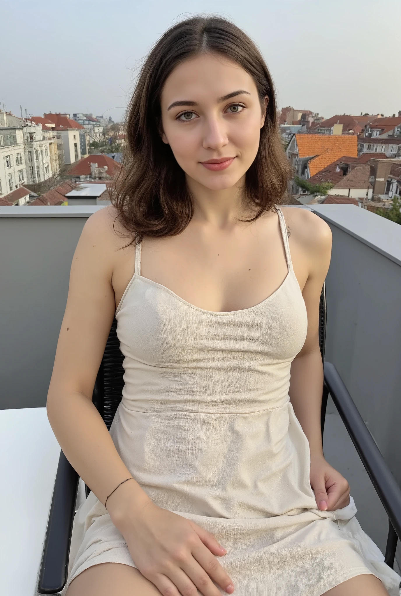 MODEL DESCRIPTION: A Ukrainian Woman with Medium Long Brown Hair. She is 162 cm tall, weighing 54 kg. This model has fair skin, fit physique, and flat chest.
Wearing a flowy sundress.
Sitting on a chair on the terrace, hair blowing slightly.
With apartment rooftops in the background
