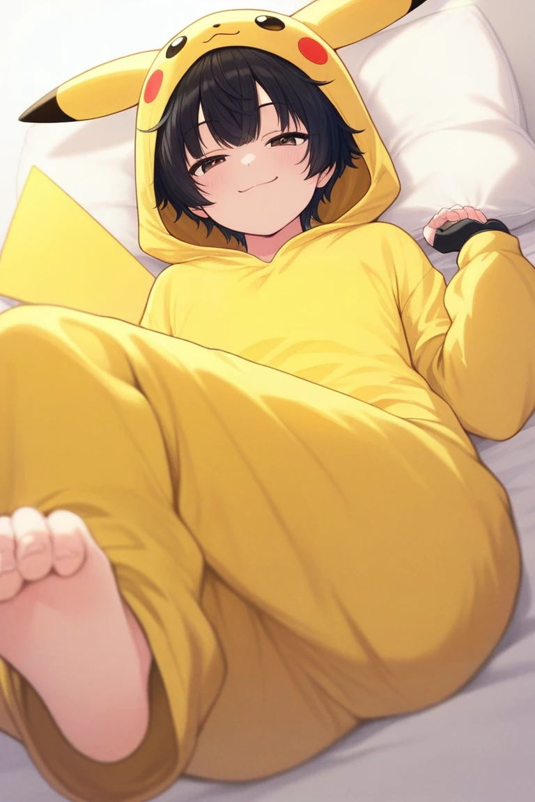 Highest quality,masterpiece,indoor,On the bed, 1girl,独奏,Lying on your back,Close ~ eyes,Close your mouth,Are sleeping,yellow pajamas,Brown Hair, short hair, ponytail,Flat Chest,1boy,penis,foot job,