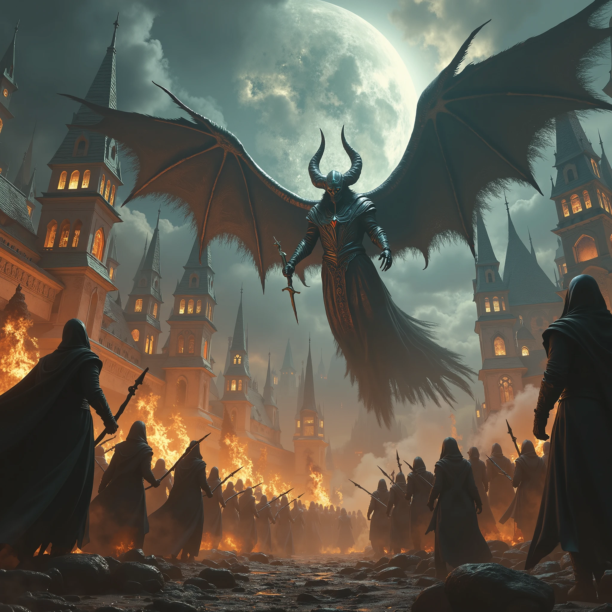 ((FULL BODY)), army of witches attacking a city and casting spells on medieval houses, RPG character, 4k, Unreal engine, intricate, highly detailed, beautiful lighting, advanced quality, 8k, trending artstation, professional, dramatic, illustration, high quality, beautiful character, Premium portrait, F/22, symmetrical and dynamic poses, RPG, masterwork, advanced quality , beautiful lighting.