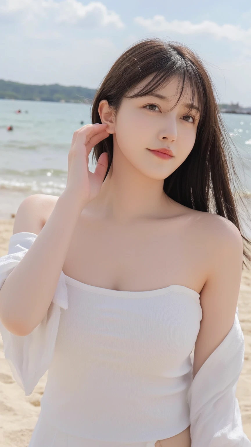 A perfect young female white-collar worker,Chinese,High picture quality,Works of masters,Black hair,Long hair flowing over the shoulders,Beach wave hairstyle,cropped shoulders,clavicle,exquisite face,Hydrated red lips,Real Human,CG rendering,16k,Stand up,Do not show your hands,Close-up shot
