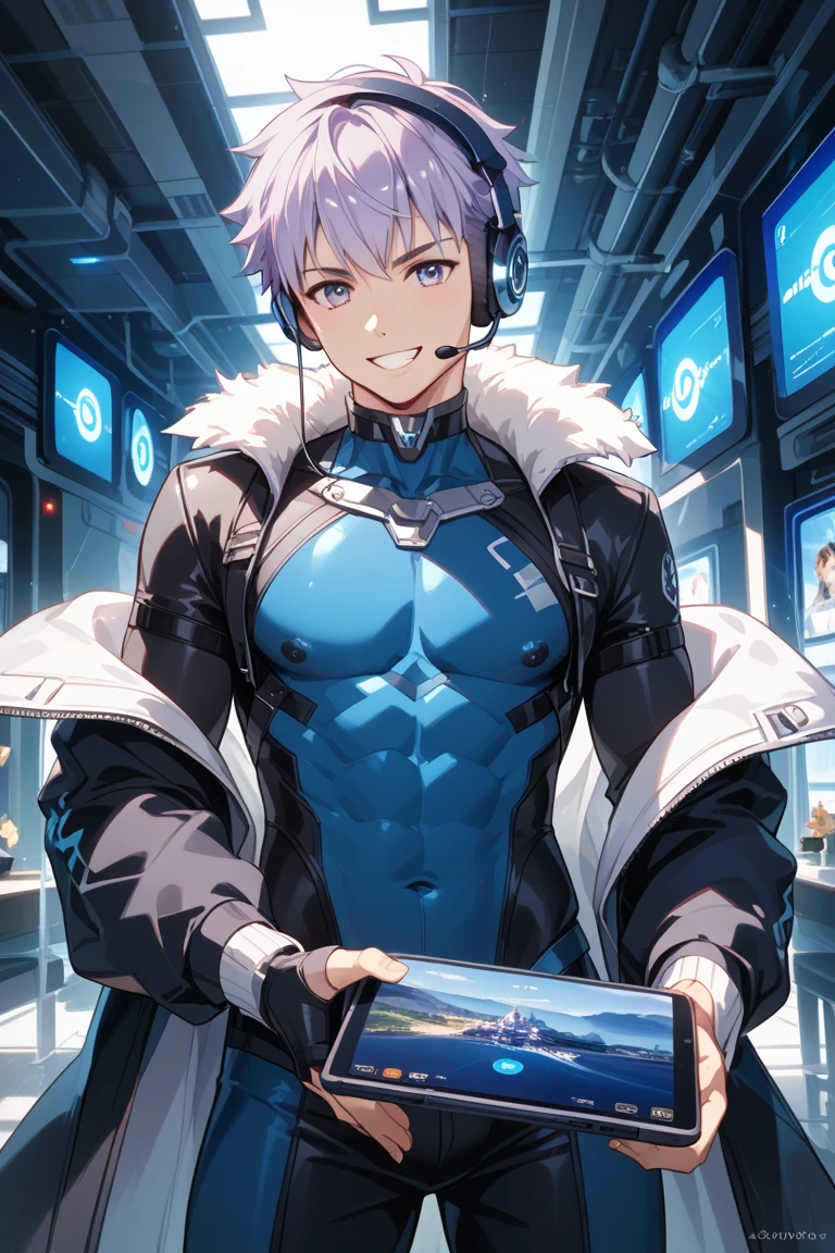Athletic body boy, white hair, wearing glasses, black clothes with light blue, in a spaceship, light green eyes