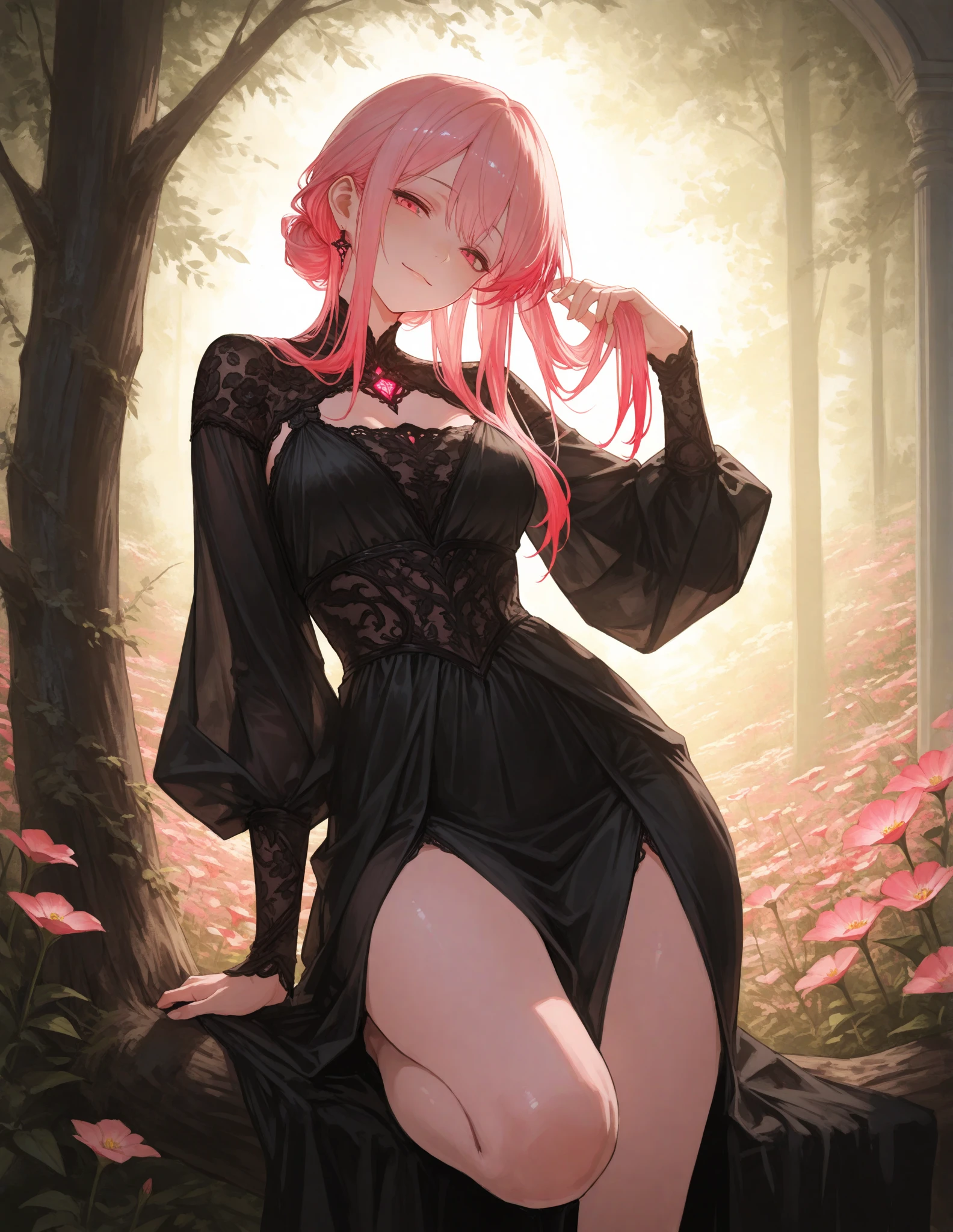(((blurred background、Watercolor style background)))、one girl、16talent、anatomy、Pale pink eyes、Loosely braided low ponytail、light pink hair、small breasts、black dress open neck dress、sheer lace dress、Translucency、random pose、highest quality、High resolution、High resolution、cinematic lighting、professional photographer、
