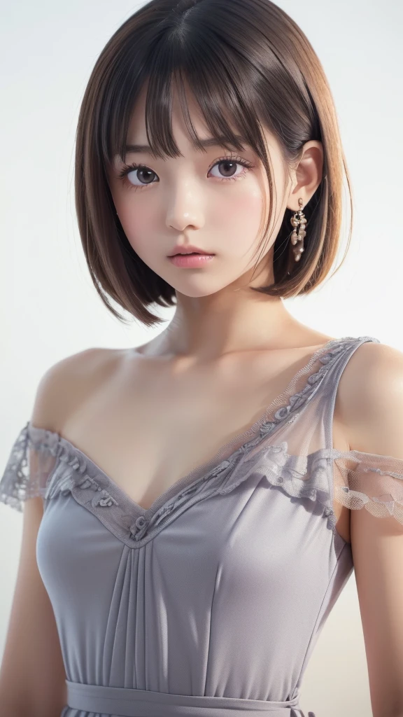 (RAW photos, best quality), (Practical, Photorealism:1.3), 1 girl, Bob Cut、earrings、Luminous headbands、Practicalbody,Princess of the Universe、Delicate silver dress