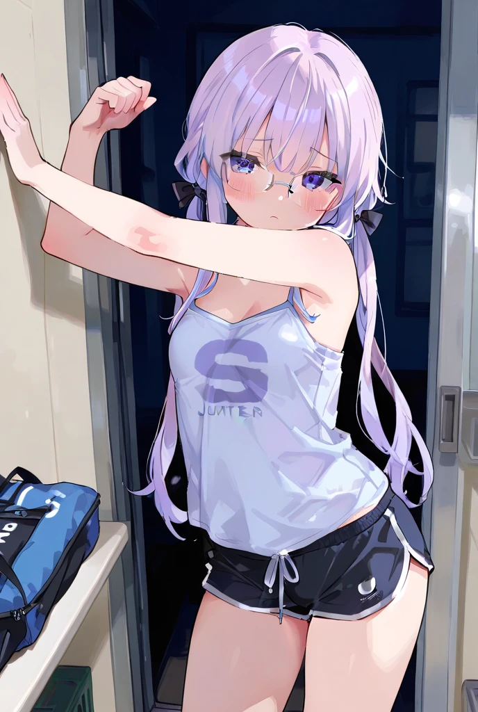 blush, heart eyes, long hair, trembling body, Sportswear, silver hair, purple eyes, NSFW , During exercise