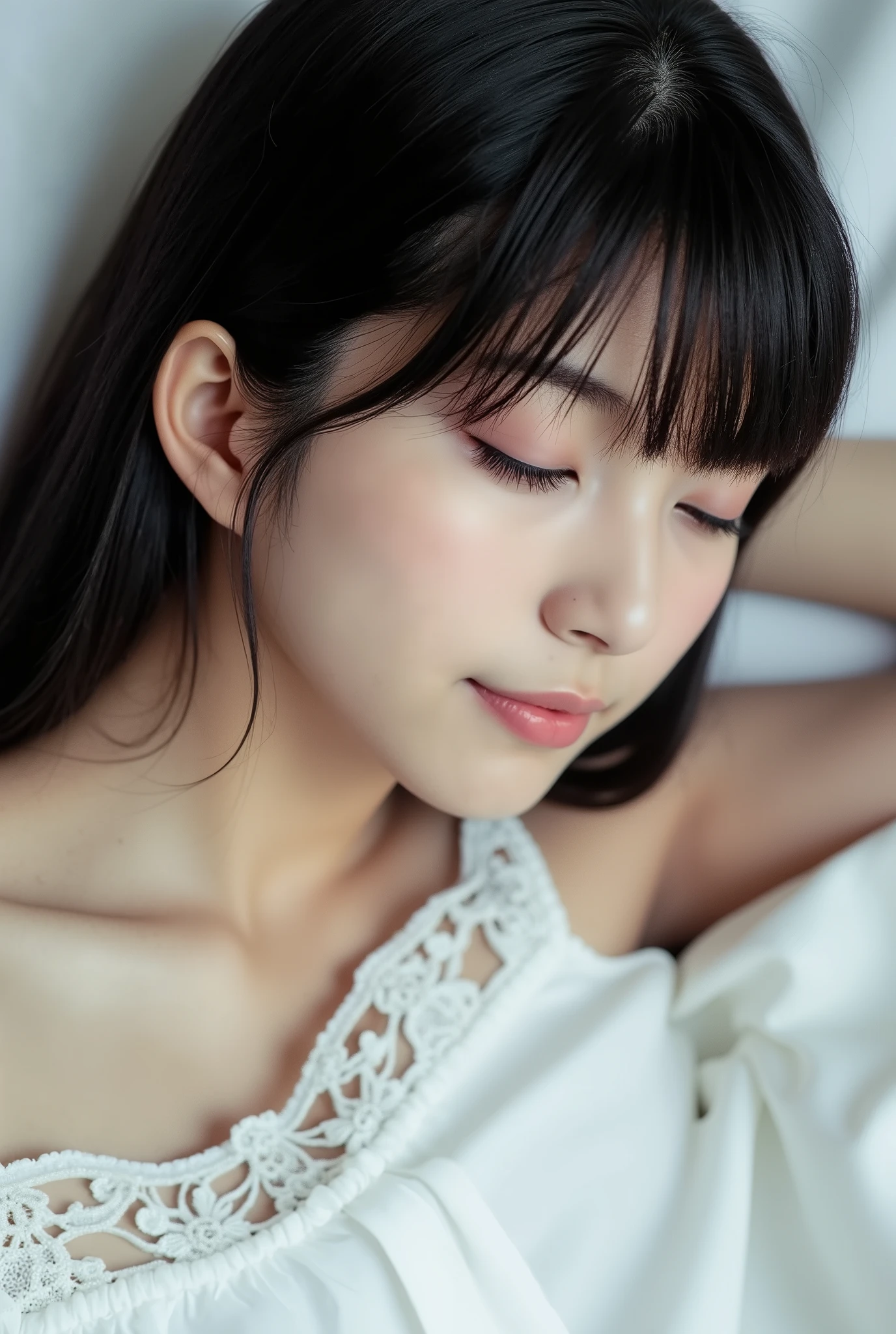 Create a photobook featuring a Japanese idol girl characterized by her fair skin and long, straight black hair styled in a ponytail with bangs. She is wearing a pristine white dress that emphasizes her purity. Capture her in a dreamy state, showcasing her angelic sleeping face with a poetic beauty. Focus on a bold close-up of her face as she just awakens from a slumber, displaying a sleepy yet charming smile. Highlight her elegance, grace, and ethereal quality throughout the images.