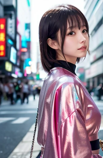PinkRanger, 1girl, cute japanese 20 years old, Angelic Very beautiful cute girl,
Beautiful detailed eyes,
Detailed double eyelids,
(Large eyes:1.3),long eyelashes,
see-through bangs,
(beautiful detailed face and eyes:1.4),
small nose,
small mouth,
Beautiful long hair,
happy smiling with visible teeth,
(Best Quality:1.2),
Raw photo,
High resolution,
perfect detail,
Professional Photography,
Professional Lighting,BREAK (Super Gloss Metallic Coral Pink Full Bodysuit:1.3) , Ultra-tight fit bodysuit, Huge breasts ,Walking,Beautiful legs, Strong lighting of the bodysuit,In the city,Brown hair,Big breast, sexy figure:1.4