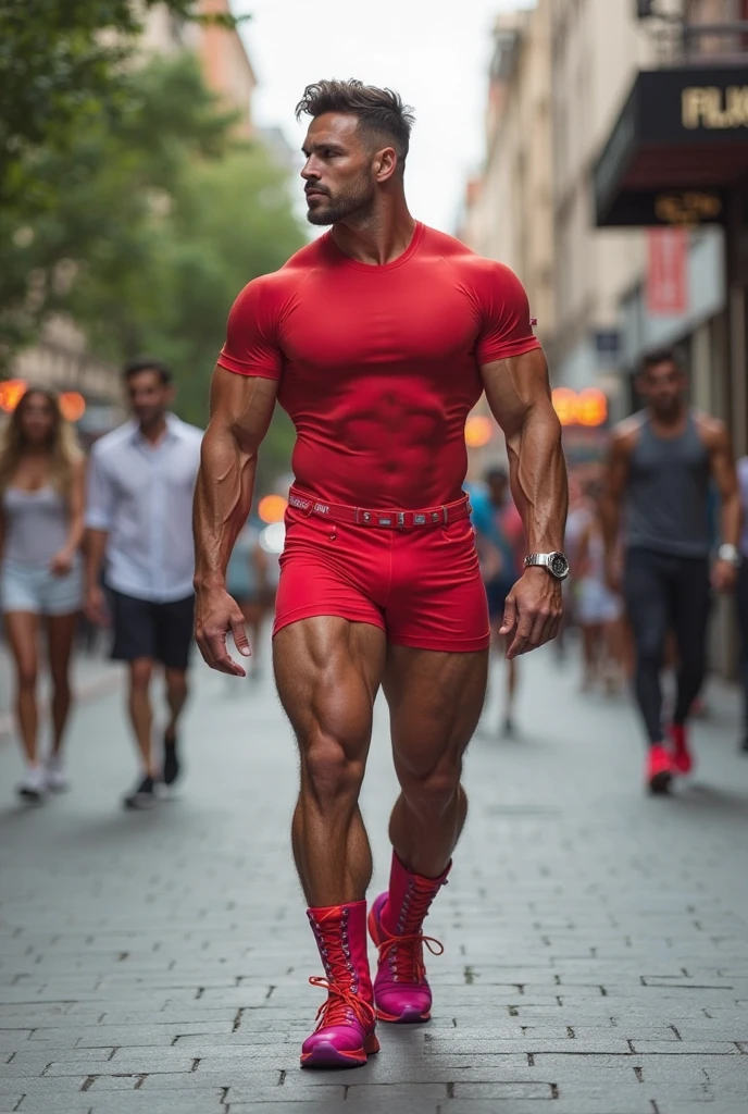 HD quality, high definition,male 18 years old handsome, muscular and slim, red lips, leaning against a wall on street, naked and wearing thong, model with bracelets, earrings and Necklace, wearing head band and sunglasses, full sexy body, wearing socks