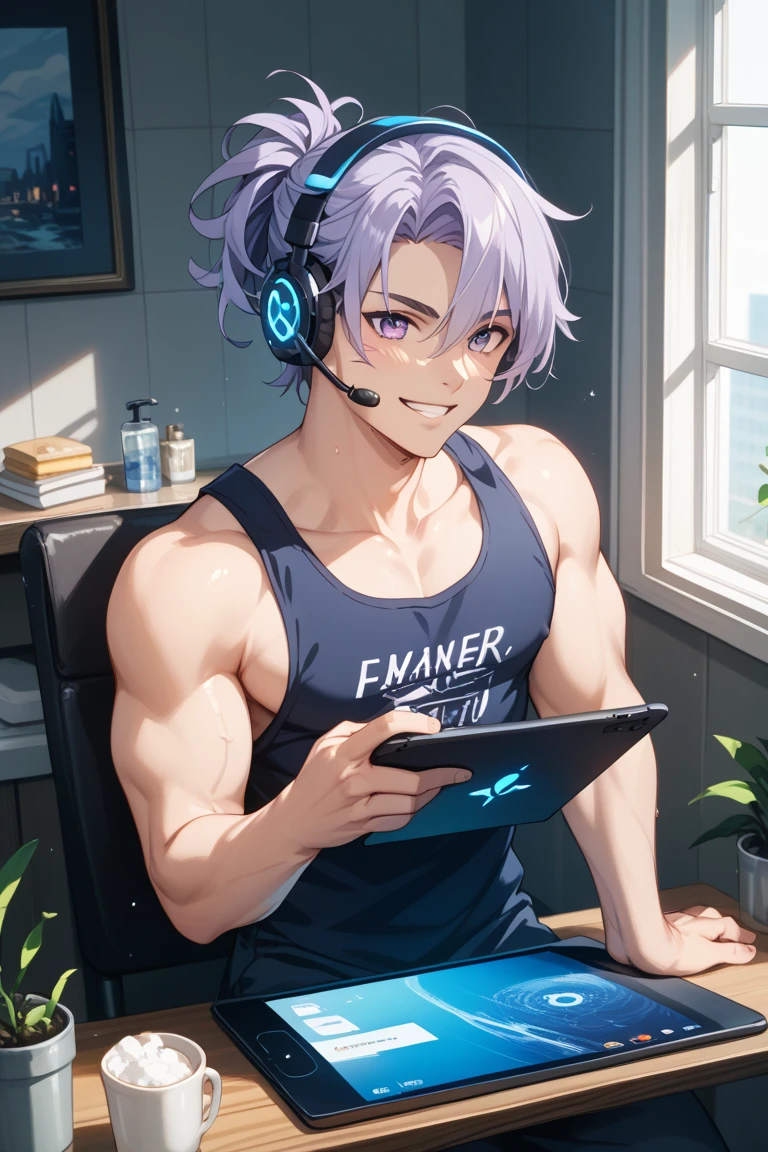 Athletes playing eSports games on PC, BREAK Athlete with perfect athletic physique, Tank top, Short leggings, (Tight fit, Accentuates body lines), Top sports brands, BREAK Playing e-sports while watching a PC screen, Transcendent typing skills, Expressing quick finger movements with motion blur, Aesthetic Sweat, A concentrated and serious look, Anatomically correct, BREAK Intense gameplay, Aesthetic typing experience,