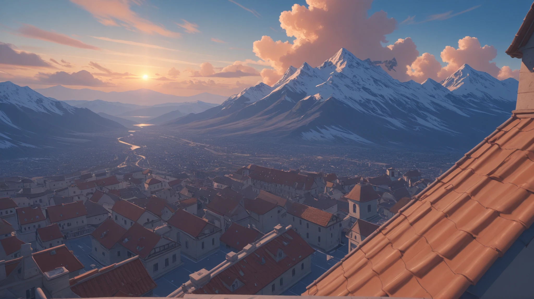 rooftop view overlooking the town below, mountains in the distance, clashing with the horizon, puffy clouds streaming across the sky