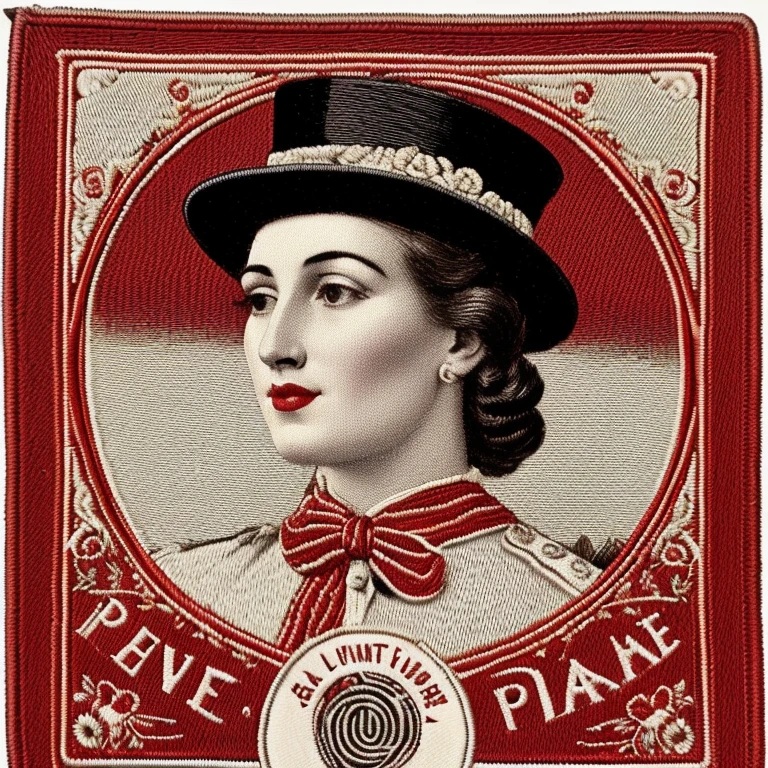 A vintage heraldic-style embroidered patch featuring a majestic white hen in profile, facing left, standing with both legs firmly planted on a white vintage leather soccer ball. The hen wears a bold red diagonal sash (band) from left shoulder to right flank, symbolizing River Plate’s traditional uniform. On its head, it wears a small, elegant black top hat (galera), evoking aristocracy. Below the ball, a semi-circular vintage banner in art deco typography reads “River Plate” in black letters. The overall composition is clean and minimalist, without any shield or background shape. Use a muted color palette: white, red, and black. The embroidery texture and vintage stitching should be clearly visible, resembling a textile patch or fine woodcut. No grass, no border, no extra elements. Focus on clarity, symbolism, and elegance.
