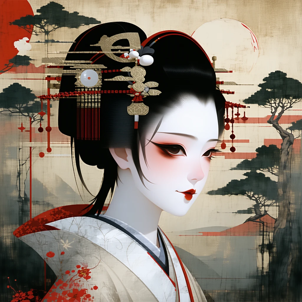 woman, clothed, Japanese Ukiyo-e Spacepunk Empress/Empress Level of Detail Frostbite engine Serene Photogravure Impressionism Art
