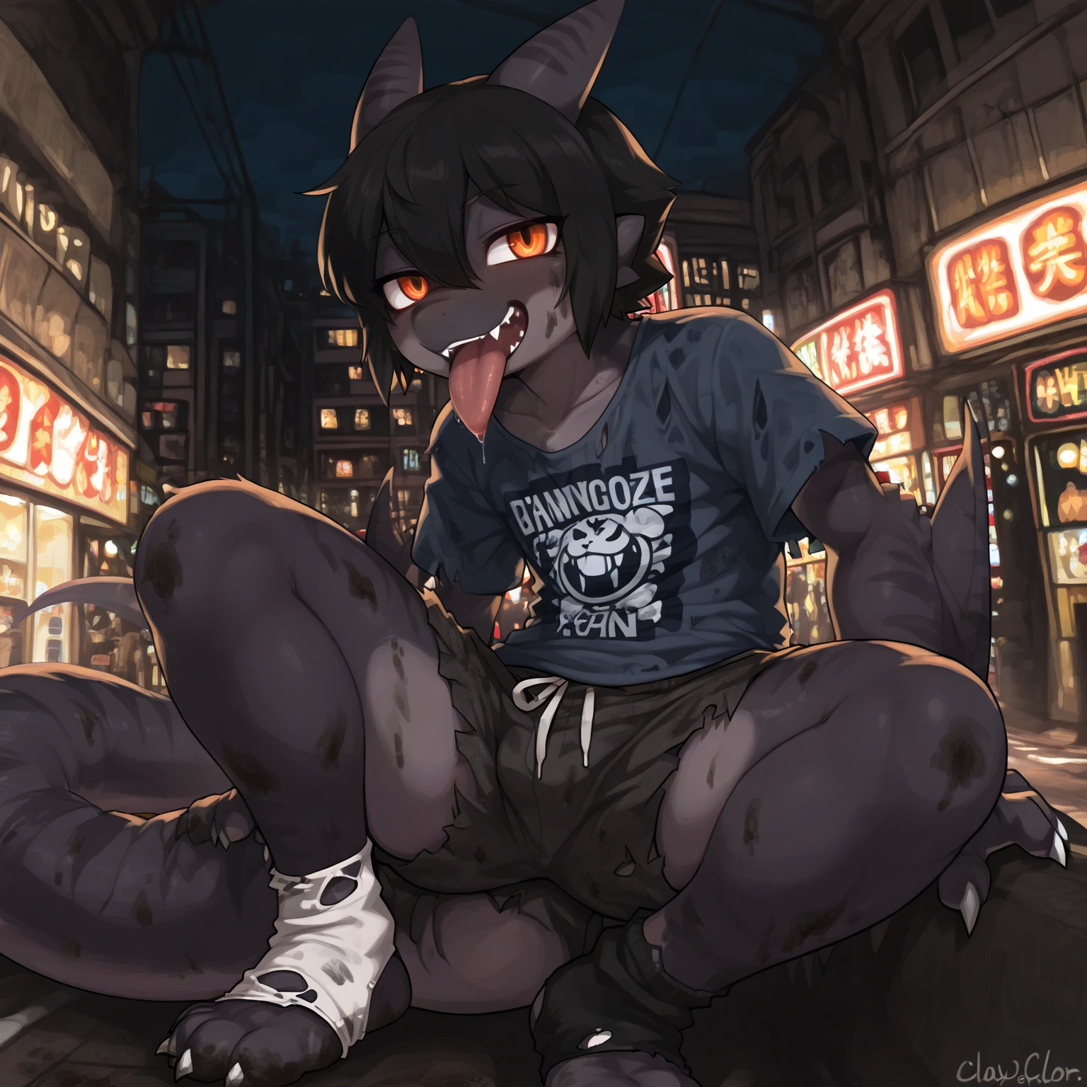 Solo, male, canine, by spuydjeks, by bebebebebe, bulge, smirk, evil expression, alleyway, standing, dramatic lighting, glowing eyes, night, full moon, holding knife, steam, erection, throbbing, sweatpants, hoodie, hair