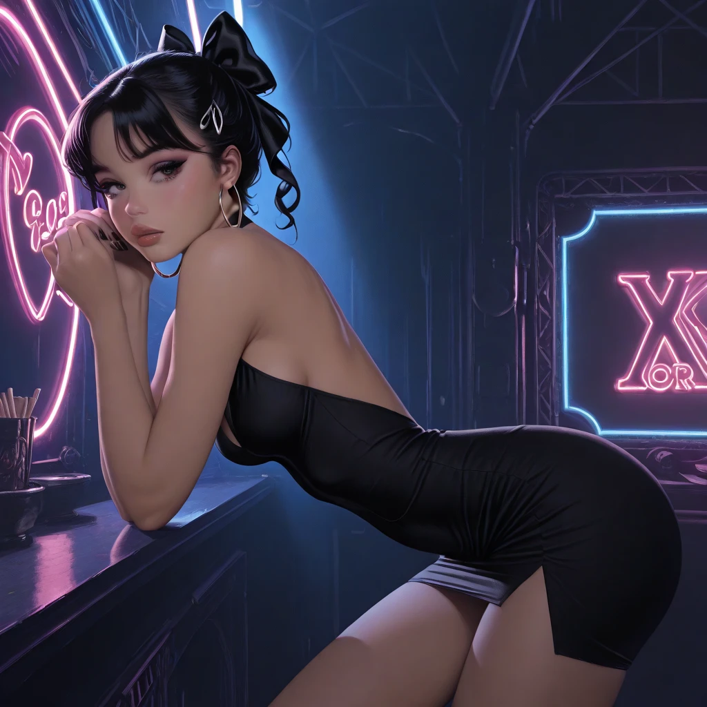(masterwork:1.1), (photorealism:1.1), ((high angle POV:1.4)), (1bimbo), (looking up to camera:1.2), ((Selena Gomez)), whole arm tattoo, flushed, alternative woman, (open mouth), (luxury dress:1.1), golden chocker, detailed photograph, high detailed, HDR, sharp focus, focus on face, medium breasts, dark eyeliner, lipstick, (stay near billiard table), at night, background lights, color photo, shallow depth of field, damp hair, night club light