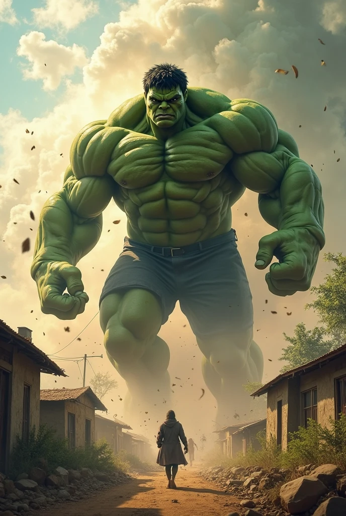 Hulk 2, a very handsome Hulk, very fat, very big body, Extremely fat, partial blueberry inflation, Shirtless, purple shorts, green skin, destroying a hospital