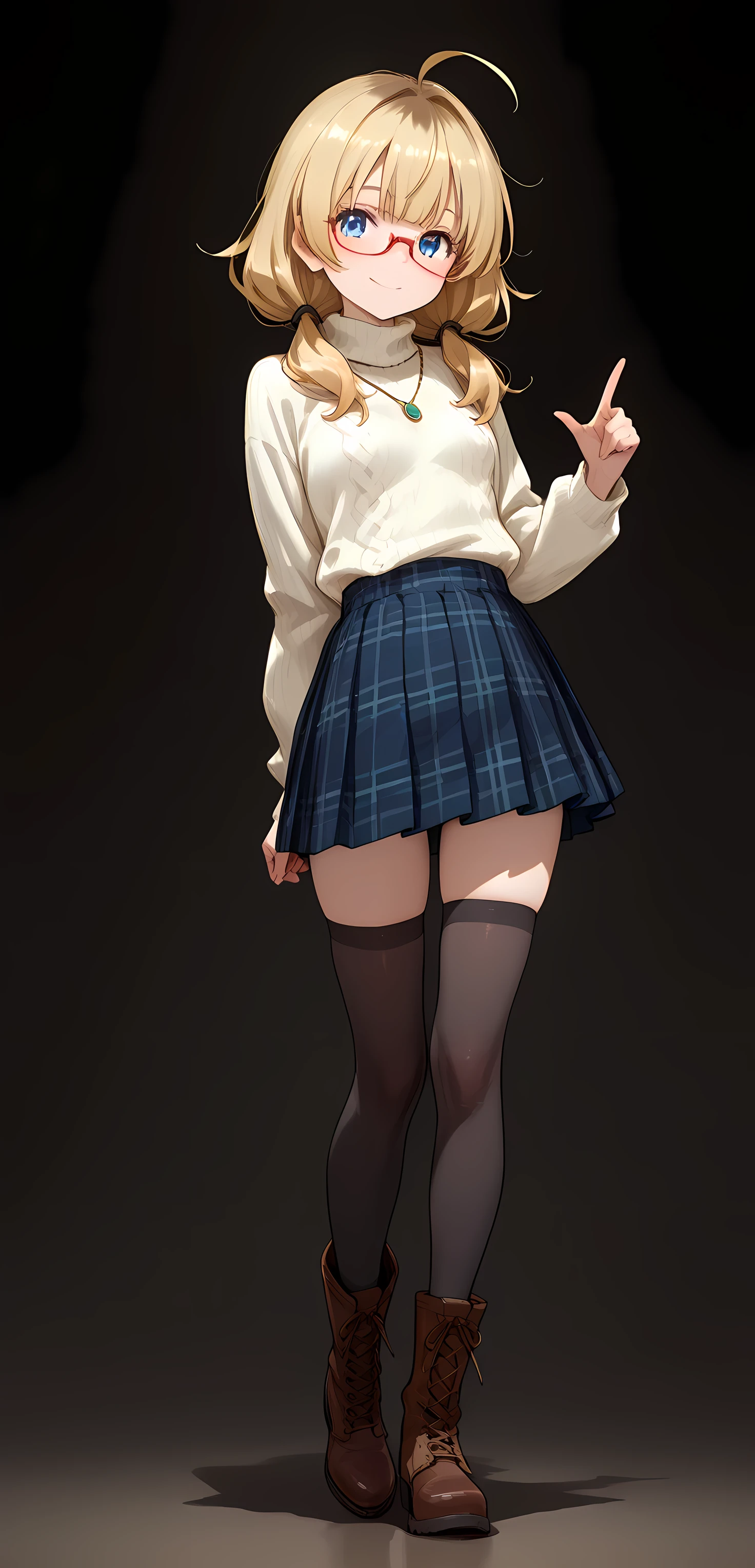 1 girl,wide shot, full body, Head-to-toe shot, (looking at viewer:1.2), from the right side, front light, svelte body, petite, smile, blue eyes, red-frame under rim glasses, fair smooth skin, glossy lips, long blonde unruly hair, low twintails, flipped hair, black color hair tie, center-flap bangs, ahoge, small breasts, relaxed standing,finger guns pointing this way, white turtleneck sweater, necklace,navy blue plaid pleated skirt, black thighhighs, brown lace-up boots, zettai ryouiki, Kyoto Animation, masterpiece, best quality, ultra high resolution, rich in contrast, very high quality,anatomically correct, detailed eyes, ultra detailed illustration, very beautiful and detailed anime face and eyes, texture, ultra high resolution, RAW photo, {{No background needed}}, {{{black background}}},