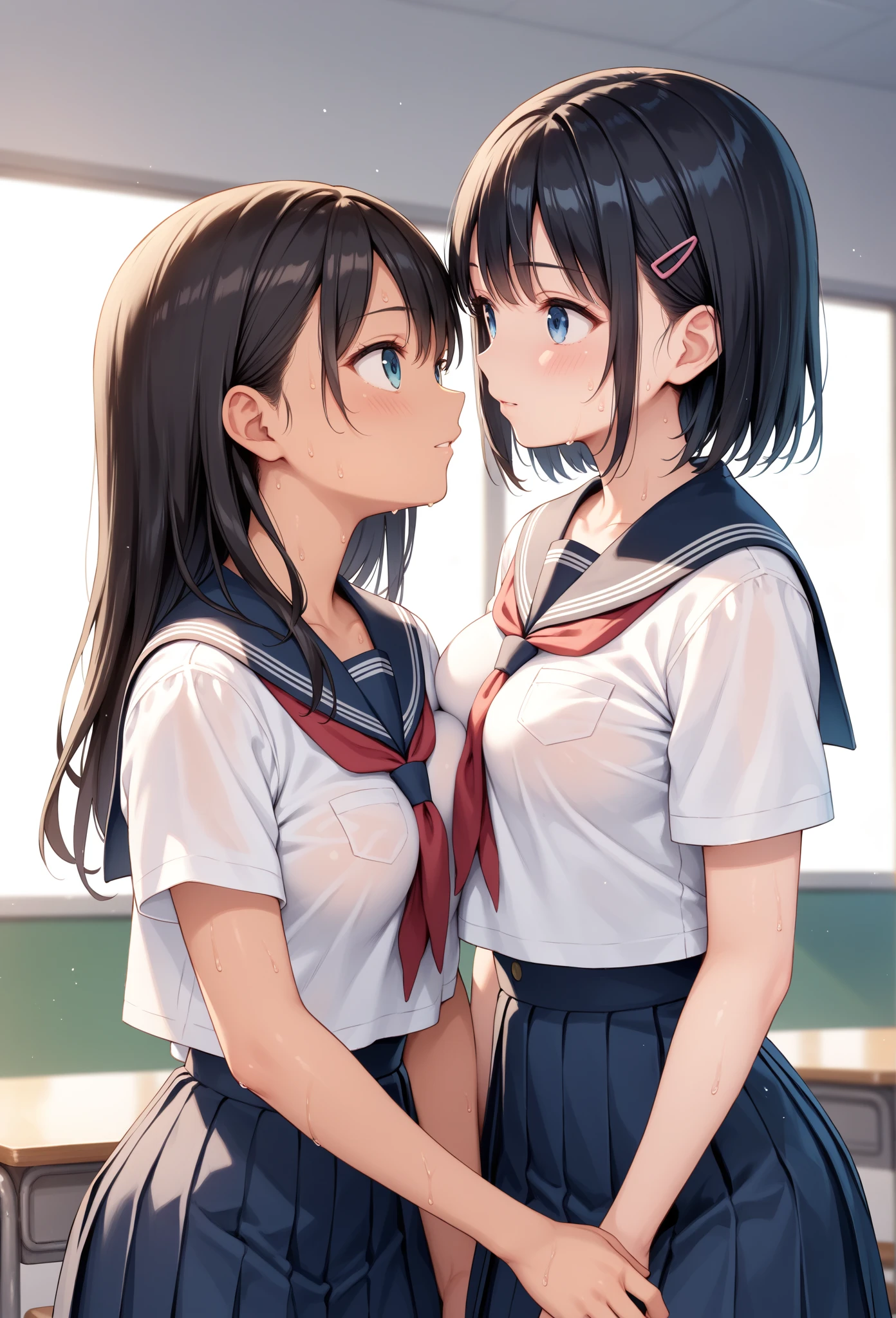 masterpiece, best quality, highres, nozomi1, 2girls, kasaki nozomi, solo, school uniform, blue eyes, black socks, ponytail, sailor collar, blue skirt, black hair, blue sailor collar, pleated skirt, blue neckerchief, short sleeves, long hair, white shirt, kneehighs, wristwatch, bangs, cowboy shot, flute, holding flute, smile, sideboob, kiss, yuri