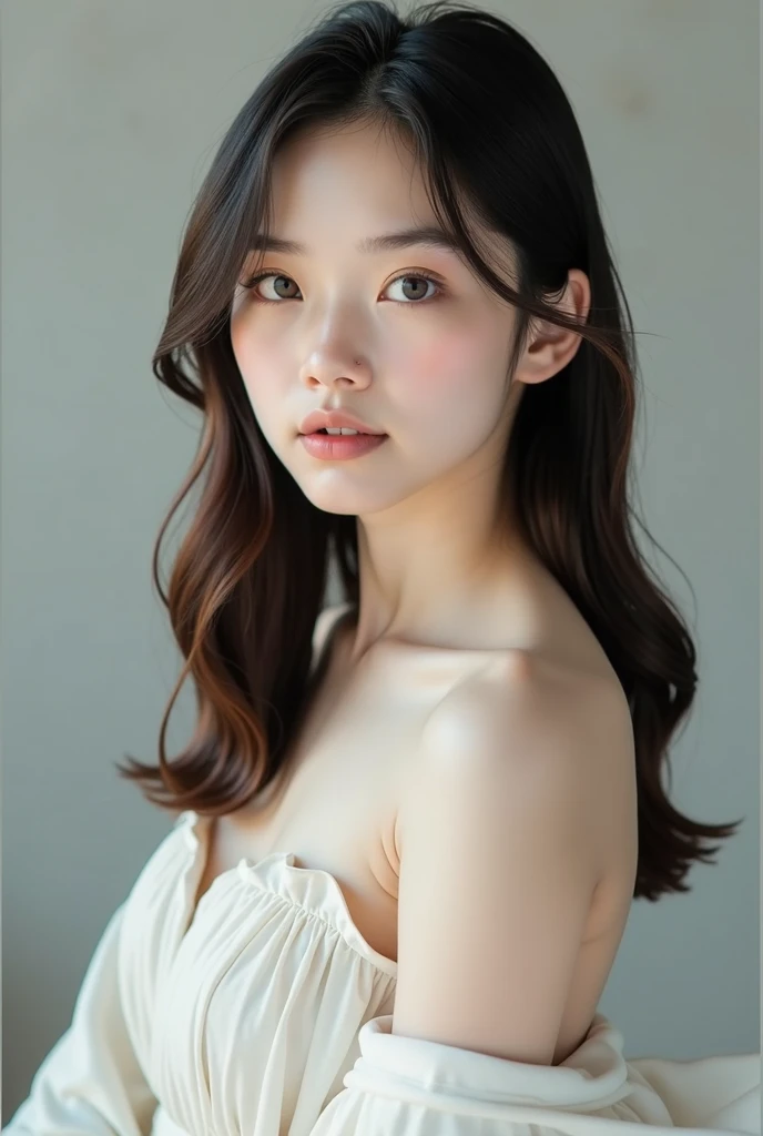 White concrete background、(8k、RAW Photos、Highest quality、masterpiece:1.2)、High-quality RAW color photos、Professional photos、(Realistic、フォトRealistic:1.37)、Photographed in natural light、Japanese female 1 person,necklace、Pastel camisole、(Beautiful profile:1.3)、profile、Straight long hair、(Light brown hair)、Eye color is brown、(Beautiful profile:1.3)、Correct hand of human body、Simple earrings、Looking at the camera
