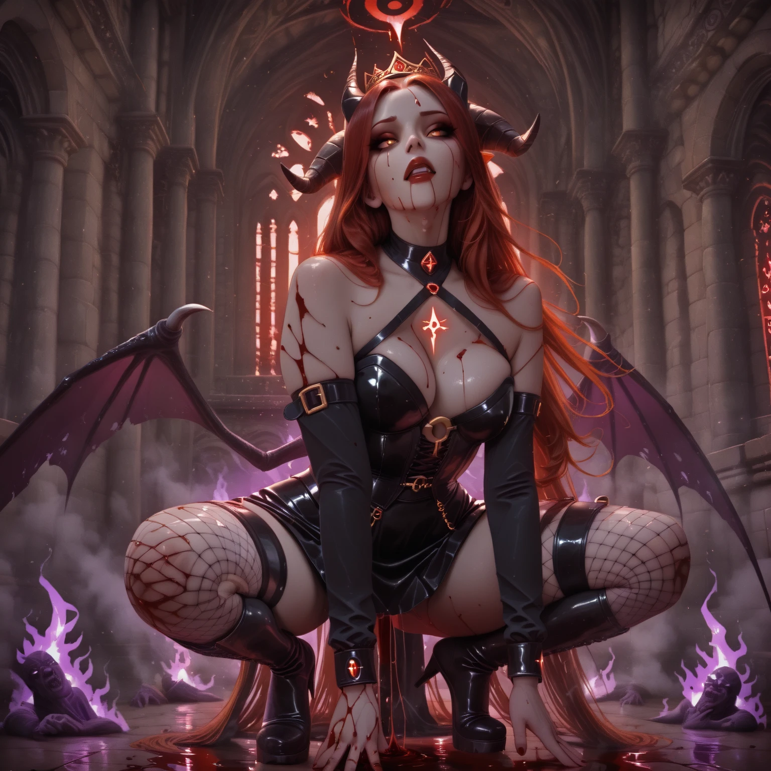 in hell: evil demon sexy thick woman with red hair and with full red skin body and glowing red eyes sitting on a throne posing side point of view, hell in the background with spirits and flames, pose, cinematic shot, high heels