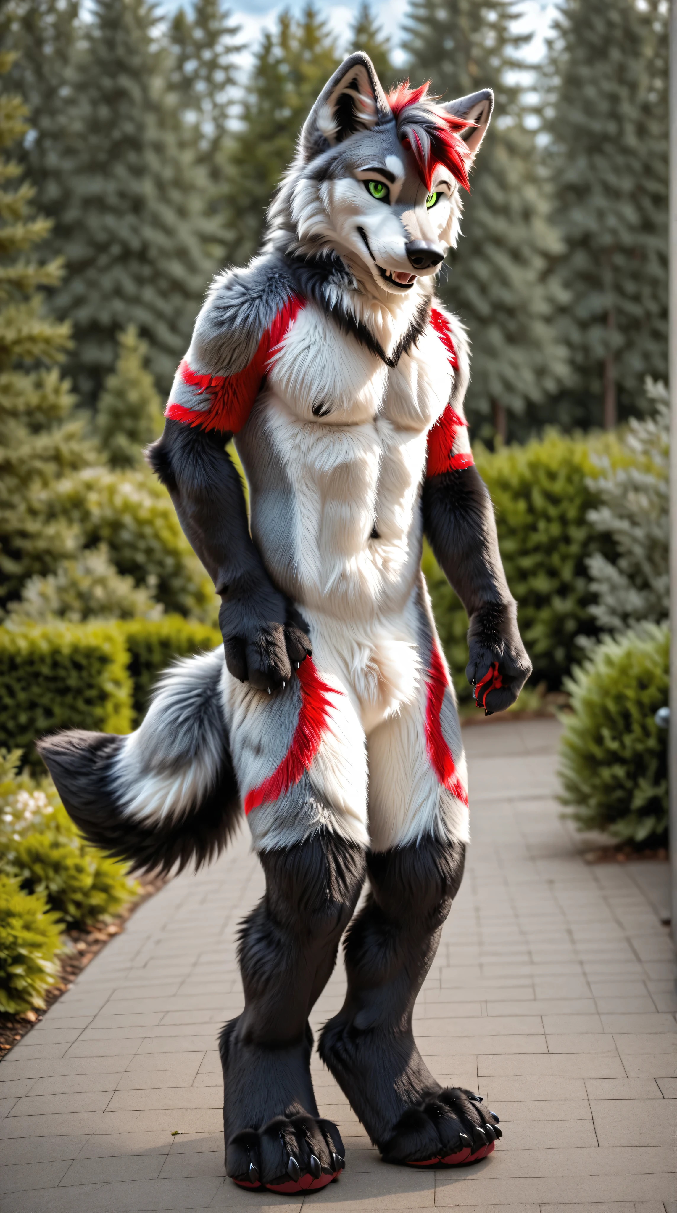 full body, fursuit, male, grey, wolf, red highlights, green eyes, outside