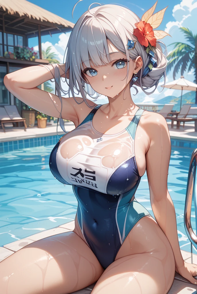 (masutepiece, extremely detailed CG Unity. 8k wallpaper:1.5),(beutiful breast,Farbe_aberration,beautiful detailed shadow,Beautiful eyes,Beautiful body,Beautiful skin,beautifull hands:1.5),(鮮やかやFarbe彩,Realistic, hyper realisitic:1.5),(Curve,Farbe気,Seductive smile:1.5),(Shiny hair,silber hair,blue eyess:1.5),(swimming pools, Swimming Lessons:1.5),delicate patterns,intricate detailes,red blush,shinny skin,Seductive Anime Girl, [ 8K Digital Art ]!!, beautiful alluring anime woman, painted in anime painter studio, Smooth Anime CG Art, made with anime painter studio, realistic anime 3 d style, Firm, upward-facing big breasts, Unparalleled beauty, Shiny and firm skin, 銀Farbeの髪を, Beautiful and nice girl, kindly smile, Short hair,french braid hair, Swimsuit with separate top and bottom, Wet body dripping water,