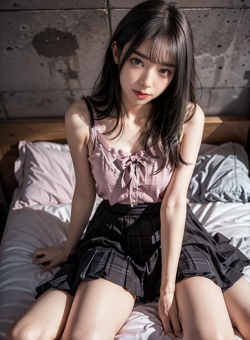 masterpiece,best quality, 10yo ,Japanese girl ,natural lips, bob hair, (black blouse),(tartan check skirt), (skirt lift:1.7),(White swimwear),((Sleep with your eyes closed)), ((Spread legs)), lying on bed, ((from below)), lower body focus,