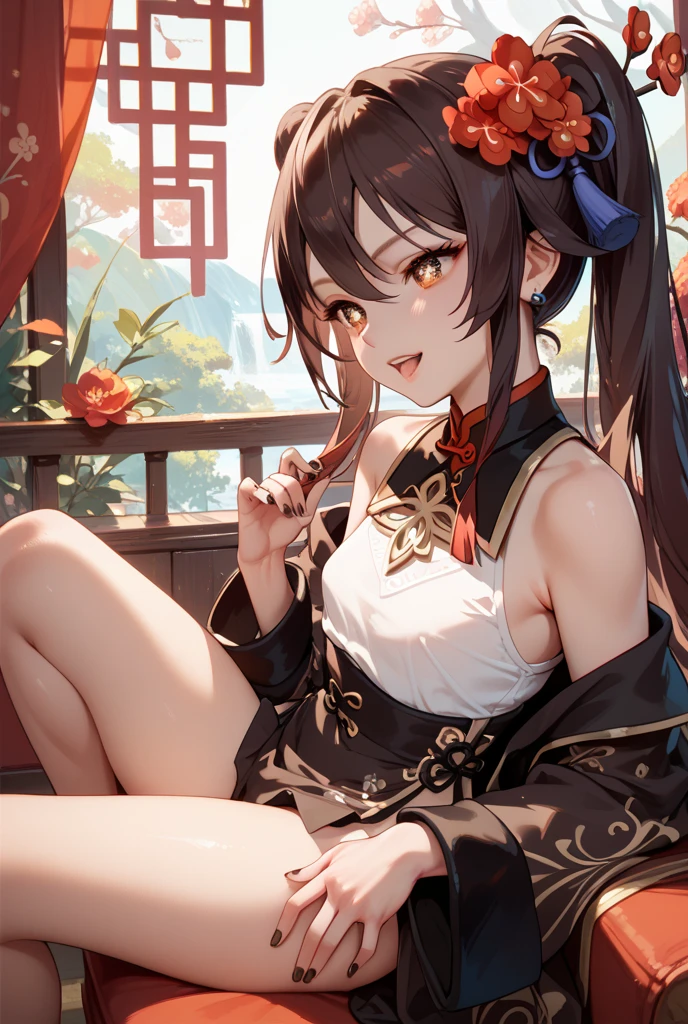 1girl, anime screencap, detailed vector art, very wide view, simple and clean, low shutter, lush flower field, moon in the night, bow, medium breasts, long maroon hair, hair done up in two buns, china dress, chinese clothes, cleavage, dress, elbow gloves, gloves, hair bow, lips, panties, short sleeves, side-tie panties, side slit, smile, solo, string panties, thighhighs, thighs, underwear, white gloves, ultra quality, dynamism, depth of field