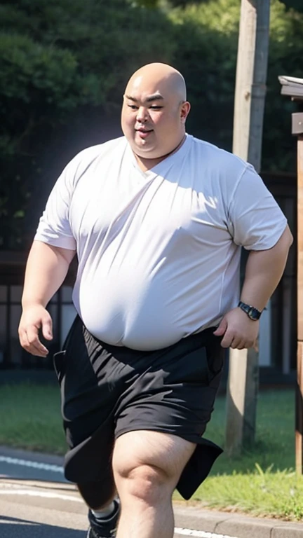 A large Japanese man wearing a tight black T-shirt、whole body、Rugby last week、Thick legs、Thick arm muscles、Intimidating、whole body