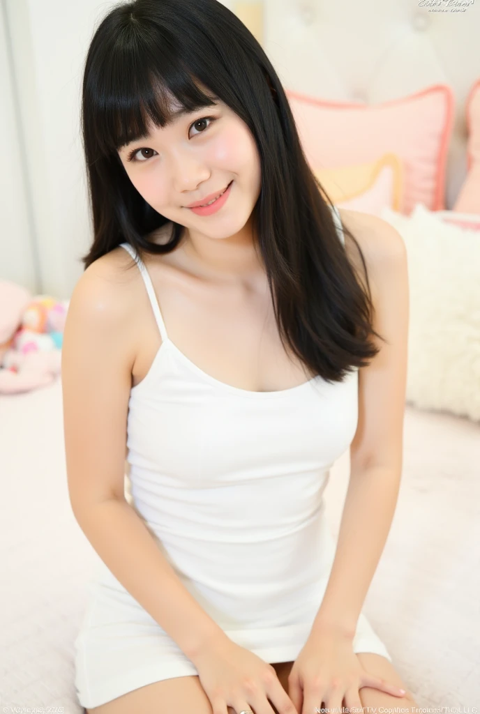 She looks 16 but、She has the cute face of a 20-year-old idol. Gentle and cute Smiling in underwear She is holding a cute miniature dachshund to her chest.RAW Photos Genuine Real Stick、realism、Raw photo、Life sofa Do not display copyright
