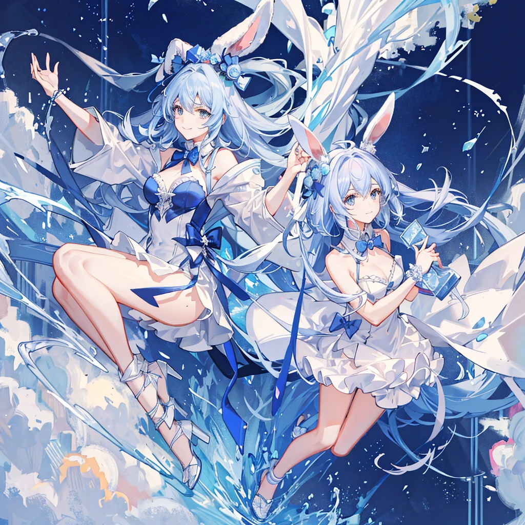 Highest quality、Masterpiece、Official Art、The best composition、ダイナミックなThe best composition、Cute creatures、Milky white and blue hair color、Anime Style、Divine、流star群、star、universe、whole body、