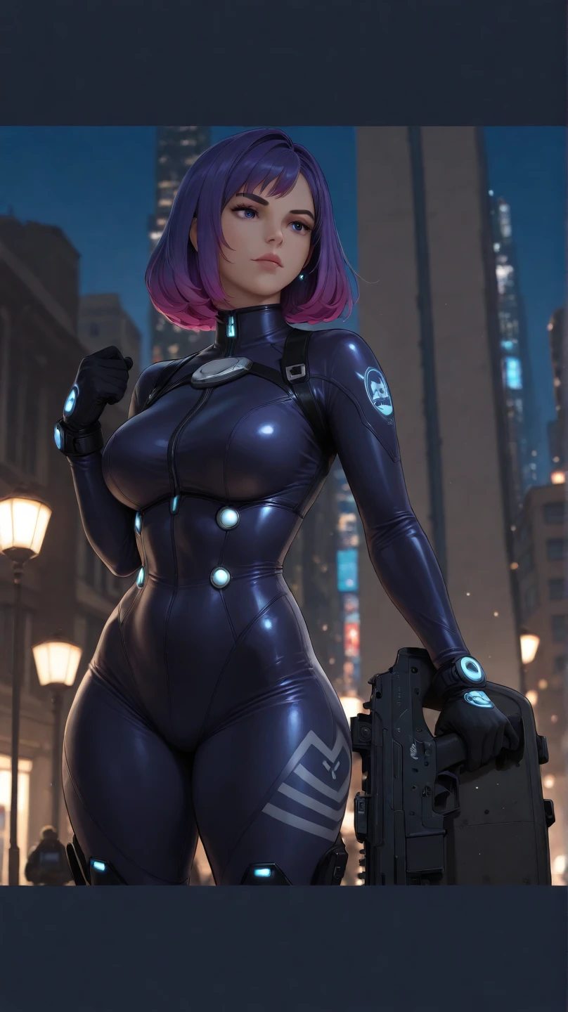 ((full body):1.5), {((Only one woman))}, is wearing {((blue police suit with black pants, extremely tight on body, police cap on head))}, {((she has very short pink hair, green eyes)), she has ((extremely giant breasts))}, she is looking at the viewer, {((looking at the viewer, smiling)), ((she is doing erotic poses)) }, {Background: (((apocalyptic city full of people of different ethnicities, it's night, raining hard)))}