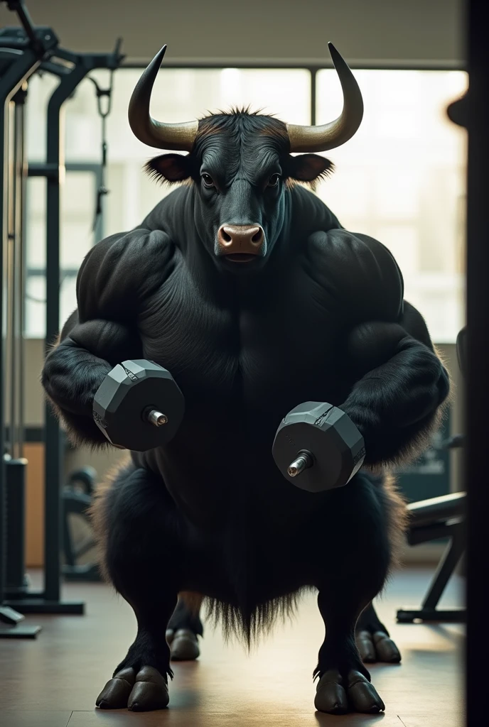 4k, high resolution, best quality, perfect colors, perfect shadows, perfect lighting, posted on e621, furry body, solo, portrait shot, anthro black bull, (monotone black fur, anatomically correct bovine tail, detailed fingers, nails on hands:1.3), male, (middle-aged, mature:1.2), (curved bovine horns), (heavily muscular, beefy, massive, manly, masculine:1.4), correct anatomy, (photorealistic fur, detailed sweaty fur, epic, masterpiece:1.2), (big modern gym background), (by Taran Fiddler, by Chunie, by Rukis, Bonifasko lighting), (sitting on a workout bench, gold nose ring:1.4), (long white tank-top:1.2), (white shorts:1.2), detailed bull eyes, detailed bulge