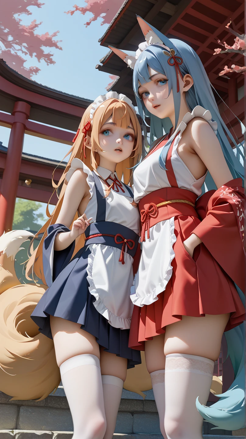 fullnude、Girls in a courtyard, cute bow, (pubic hair), shy small smile, (FLATCHESTED:1.3)、flat chest, superflat chest, (one embarrassed girl naked: 1.3), (fully clothed girl holding naked girl:1.3), one embarrassed girl naked and second girl in sundress, zero breast size, blunt bangs, red-haired girl with two long braids and the second girl is blonde with two ponytails, Shiny hair, Delicate beautiful face, White skin, Beautiful cloud, Dusk sky, rural girl, sundress